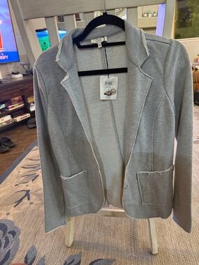 OVS Women's Light Gray Knit Blazer with Frayed Trim